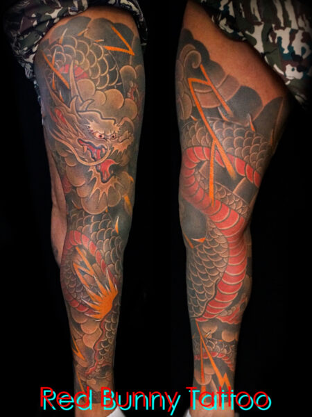 龍の刺青・タトゥーデザイン　脚・和彫り・full leg dragon tattoo