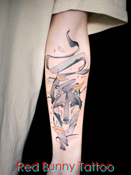 狐・キツネのタトゥーデザイン　秋・落ち葉・水彩画・fox tattoo