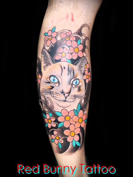 猫のタトゥーデザイン　ペット・動物・桜・cat tattoo