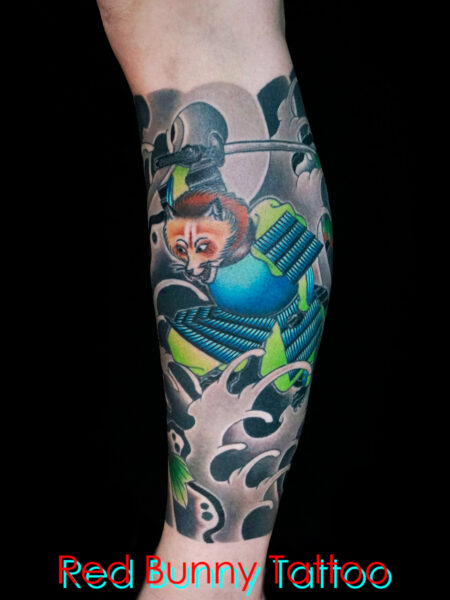 武士うさぎと武士たぬきの刺青・タトゥーデザイン　和彫り・足・侍 rabbit raccoon dog tattoo