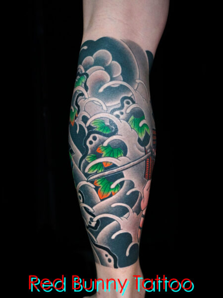 武士うさぎと武士たぬきの刺青・タトゥーデザイン　和彫り・足・侍 rabbit raccoon dog tattoo