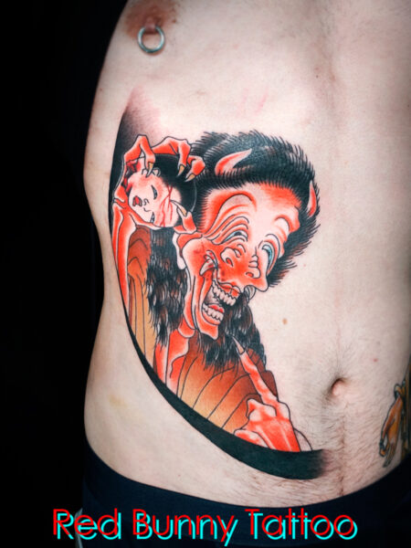 笑般若の刺青・タトゥーデザイン　葛飾北斎・妖怪・脇腹・youkai hannya tattoo