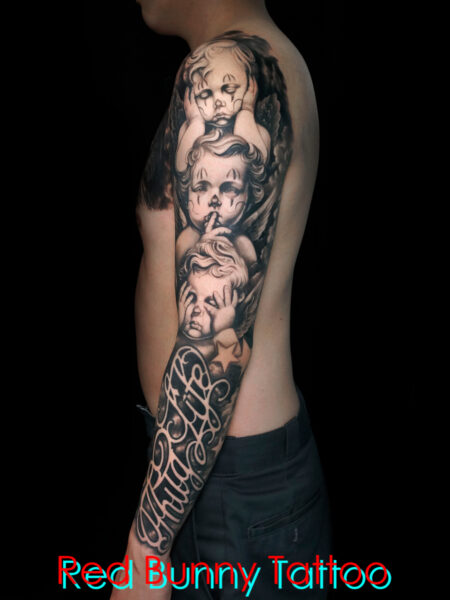キリストと天使のタトゥーデザイン　ブラック＆グレー　jesus angel tattoo 