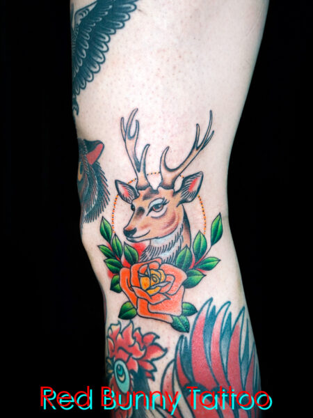 鹿とバラのタトゥーデザイン 動物　deer rose tattoo