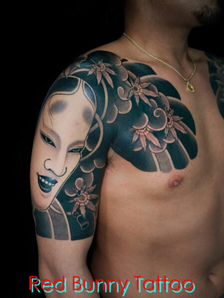 能面の刺青・タトゥーデザイン　和彫り・生成・小面・般若・mask tattoo