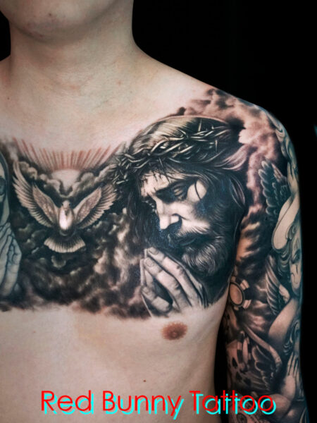 キリストと天使のタトゥーデザイン　ブラック＆グレー　jesus angel tattoo 
