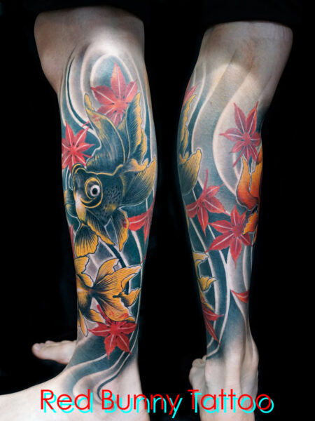金魚と紅葉のタトゥーデザイン　刺青　goldfish tattoo