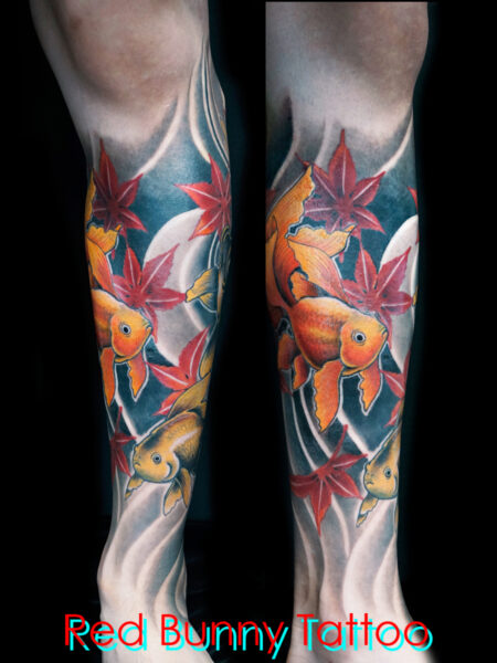 金魚と紅葉のタトゥーデザイン　刺青　goldfish tattoo