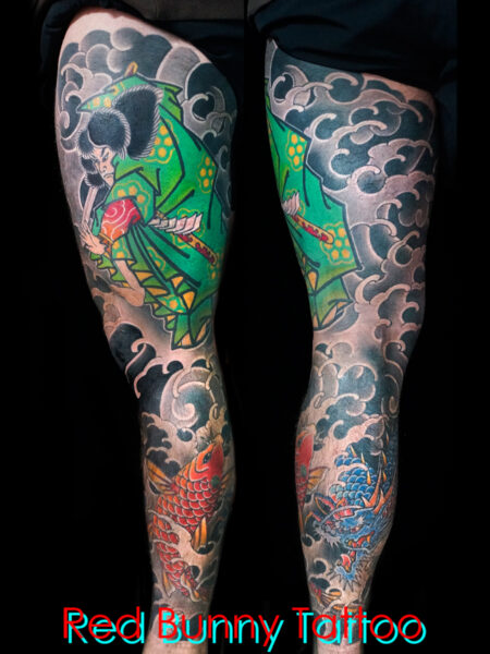 スサノオ 須佐之男命の刺青・タトゥーデザイン　和彫り・脚・日本神話・japanese tattoo