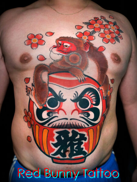 達磨と猿の刺青・タトゥーデザイン　お腹・桜・daruma tattoo・monkey