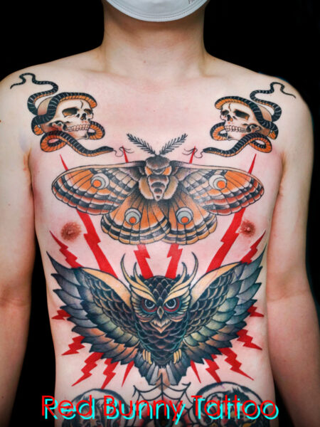 フクロウ・モスラ・スカル　アメリカントラディショナルタトゥーデザイン　お腹 owl skull tattoo 