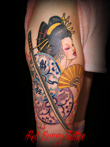 花魁 日本刀 刺青 東京のタトゥースタジオ 吉祥寺 Red Bunny Tattoo デザイン 画像 和彫り